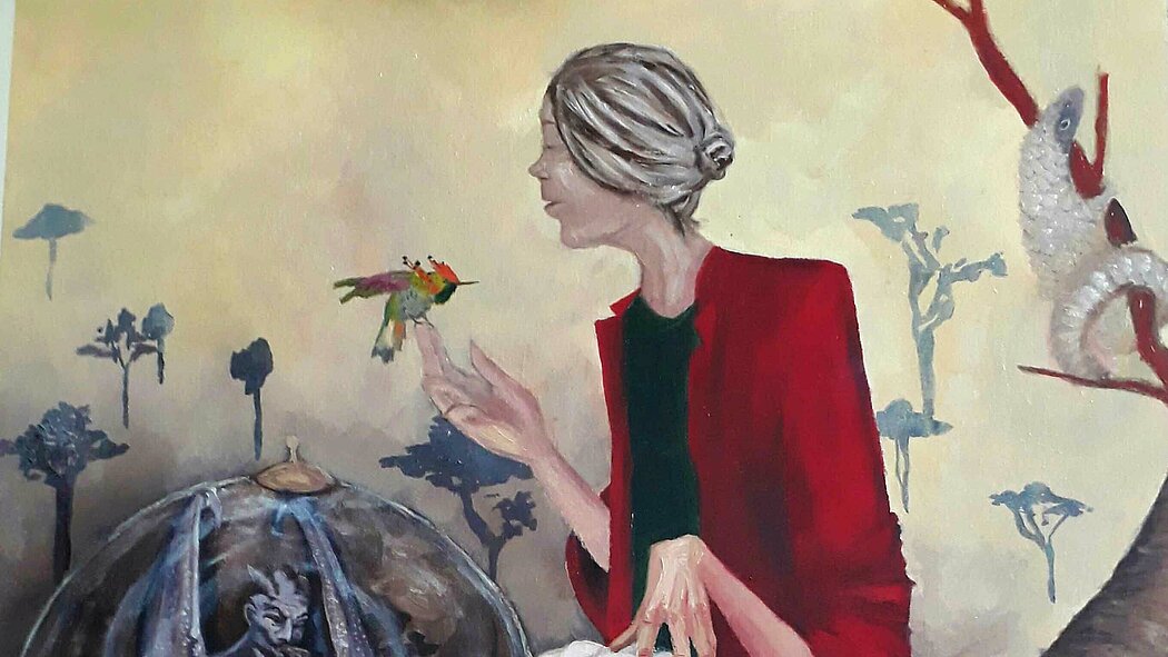 Toile représentant une femme vétue de rouge avec un oiseau posé sur son index droit