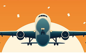 illustration d’un avion vu de face, en plein vol. On distingue un grand soleil en arrière-plan, avec un ciel orange. Quelques formes blanches rectangulaires (qui ressemblent à des papiers ou billets) flottent autour.  C’est un style graphique assez moderne, avec des couleurs vives et des formes simplifiées, ce qui rappelle une affiche ou une illustration publicitaire liée au voyage ou à l’aviation.  Voulez-vous que je fasse une analyse plus approfondie de son style artistique, ou plutôt une interprétation de ce que cette image pourrait symboliser (voyage, liberté, évasion, etc.) ?