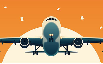 illustration d’un avion vu de face, en plein vol. On distingue un grand soleil en arrière-plan, avec un ciel orange. Quelques formes blanches rectangulaires (qui ressemblent à des papiers ou billets) flottent autour.  C’est un style graphique assez moderne, avec des couleurs vives et des formes simplifiées, ce qui rappelle une affiche ou une illustration publicitaire liée au voyage ou à l’aviation.  Voulez-vous que je fasse une analyse plus approfondie de son style artistique, ou plutôt une interprétation de ce que cette image pourrait symboliser (voyage, liberté, évasion, etc.) ?