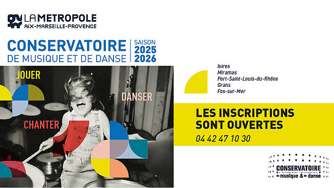infographie inscriptions au conservatoire de musique aix marseille provence avec enfant joyeux noir et blanc 