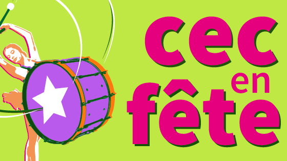 Infographie verte et rose : CEC en fête avec tambour et danseuse tutu ballerine