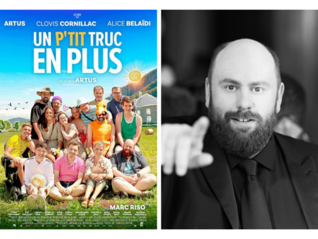 Affiche cinéma film mon petit truc en plus : groupe d'homme et de femme en situation de handicap qui posent en groupe  - ciel bleu - été - à la montagne 