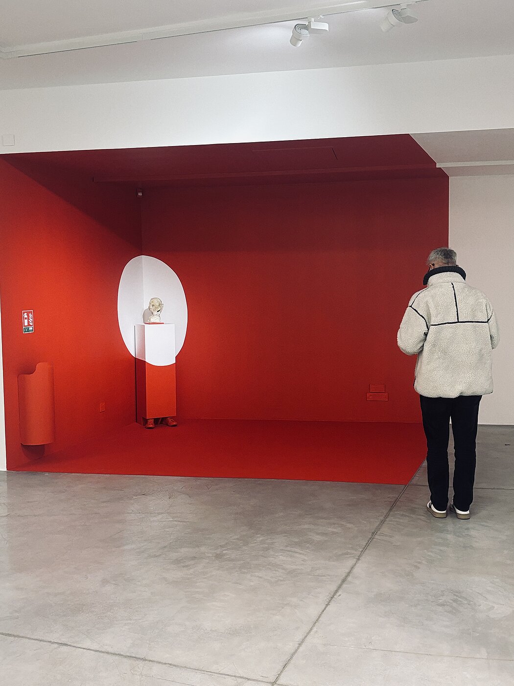 L'image montre une installation artistique minimaliste et immersive dans une galerie d'art ou un musée. La scène joue sur des contrastes de couleurs vifs et des formes géométriques.  ### L'Espace d'Exposition  * **La zone rouge :** Une section de la pièce (le sol, le mur du fond et le mur de gauche) est entièrement peinte d'un **rouge vif et saturé**, créant un effet de "boîte" ou de cube ouvert qui se détache du reste de la galerie, dont les murs sont blancs et le sol en béton gris clair. * **Le cercle blanc :** Sur le mur de gauche, à l'intérieur de la zone rouge, un grand cercle blanc est peint. Il semble servir de point focal ou de "projecteur" visuel.  ### L'Œuvre d'Art  * **Le socle :** Un piédestal rectangulaire est placé devant le cercle blanc. Il est bicolore : la partie supérieure est blanche et la partie inférieure est rouge, s'alignant presque parfaitement avec les couleurs du mur derrière lui. * **La sculpture :** Sur le socle repose une petite sculpture, qui ressemble à un **buste ou une tête** aux traits fragmentés ou abstraits, de couleur claire (ivoire ou beige). * **Détail insolite :** Au pied du socle, on peut apercevoir ce qui semble être une paire de chaussures rouges, suggérant une présence humaine cachée ou une extension surréaliste de la sculpture.  ### Présence Humaine  * À droite de l'image, un homme de dos observe l'installation. Il porte une veste en laine bouclée (style "Sherpa") blanc cassé avec des liserés noirs, un pantalon noir et des baskets. Sa position donne une échelle à l'œuvre et souligne l'expérience du visiteur.  ### Éléments Techniques  * L'éclairage provient de spots au plafond, typiques des galeries. * Sur le mur rouge à gauche, on remarque également un extincteur dissimulé sous un cache rouge pour ne pas perturber l'esthétique de l'installation.