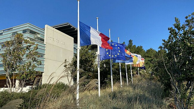 Photo de l'hôtel de ville d'istres, bâtiment moderne avec arbres devant et drapeaux en berne