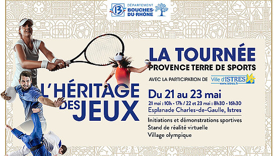 Infographie avectexte tournée provence terre de sport : avec sportif en photo tennis, réalité virtuelle ... 