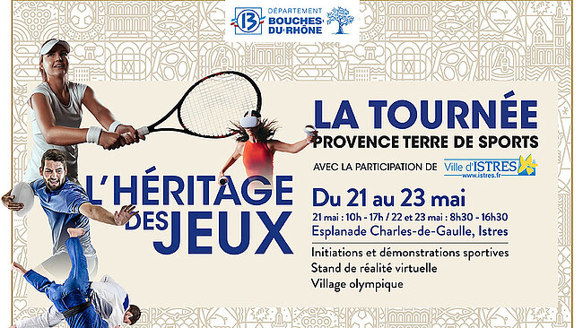 Infographie avectexte tournée provence terre de sport : avec sportif en photo tennis, réalité virtuelle ... 