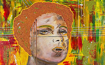Tableau huile sur toile coloré tons orange jaune vert femme 