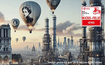 Au premier plan, à gauche, une partie de la façade d’un bâtiment de style gothique, identifiable par ses arcs, ses colonnes et une horloge visible sur la tour (ressemblant à une cathédrale).  Plusieurs montgolfières flottent dans le ciel. Chacune porte un portrait en noir et blanc, visible sur l’enveloppe du ballon.  À droite de l’image, plusieurs structures industrielles ou métalliques de grande hauteur s’élèvent dans le paysage.  À l’arrière-plan, une skyline de gratte-ciel modernes est visible.  Le ciel est légèrement nuageux avec des tons doux.  En haut à droite se trouve un logo rouge et blanc avec les inscriptions suivantes : "Micro-Folie Istres", "Ministère de la Culture", et "La Villette". En bas à droite, le texte indique : "Image générée par IA © Micro-Folie Istres".