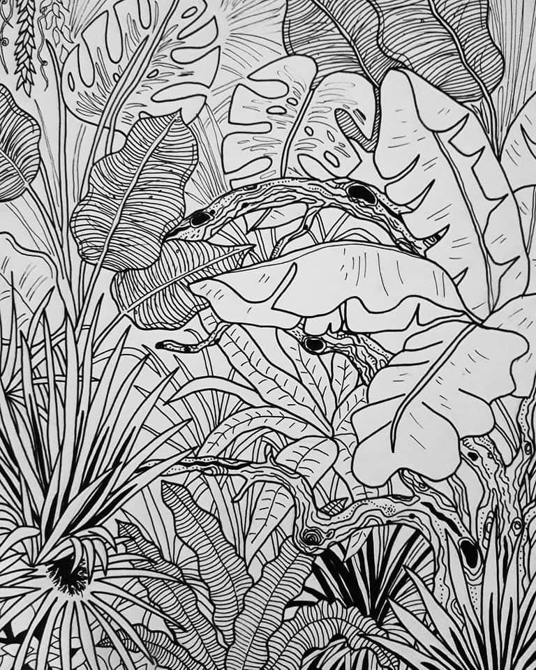 tableau représentant des feuillages en noir et blanc