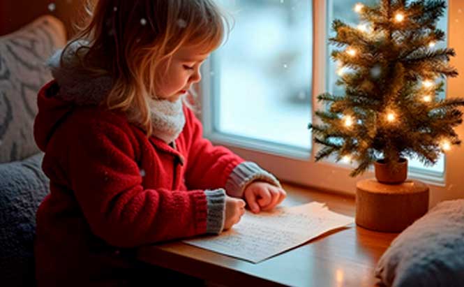 L'image montre une jeune enfant assise à une table, écrivant sur une feuille de papier. Elle porte un manteau rouge et une écharpe grise, et se trouve près d'une fenêtre avec de la neige visible à l'extérieur. À côté de l'enfant, un petit sapin de Noël décoré de lumières est posé sur la table. L'ambiance est chaleureuse et hivernale, avec une lumière douce provenant de la fenêtre et du sapin.