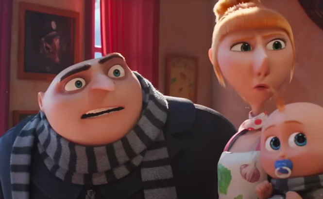 image du film d'animation moi moche et méchant homme grut avec un grand nez et echarpe à rayures + femme rousse et bébé