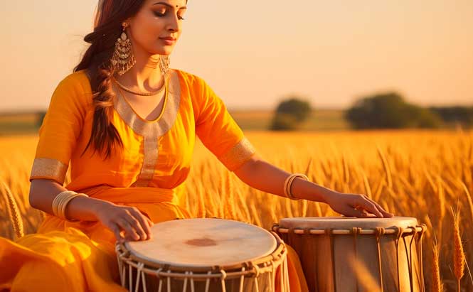 L'image montre une femme portant une robe jaune vif, assise dans un champ de blé. Elle joue de deux tambours, l'un posé devant elle et l'autre légèrement à sa droite. La femme porte de grandes boucles d'oreilles et des bracelets. La lumière est chaude, semblant provenir du coucher du soleil, créant une ambiance dorée autour d'elle. En arrière-plan, on voit une étendue de champ de blé, avec quelques arbres au loin.