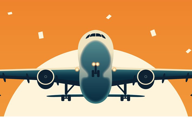 illustration d’un avion vu de face, en plein vol. On distingue un grand soleil en arrière-plan, avec un ciel orange. Quelques formes blanches rectangulaires (qui ressemblent à des papiers ou billets) flottent autour.  C’est un style graphique assez moderne, avec des couleurs vives et des formes simplifiées, ce qui rappelle une affiche ou une illustration publicitaire liée au voyage ou à l’aviation.  Voulez-vous que je fasse une analyse plus approfondie de son style artistique, ou plutôt une interprétation de ce que cette image pourrait symboliser (voyage, liberté, évasion, etc.) ?