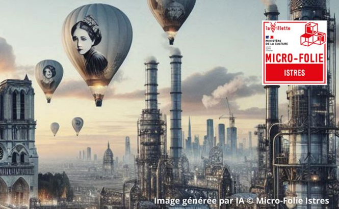 Au premier plan, à gauche, une partie de la façade d’un bâtiment de style gothique, identifiable par ses arcs, ses colonnes et une horloge visible sur la tour (ressemblant à une cathédrale).  Plusieurs montgolfières flottent dans le ciel. Chacune porte un portrait en noir et blanc, visible sur l’enveloppe du ballon.  À droite de l’image, plusieurs structures industrielles ou métalliques de grande hauteur s’élèvent dans le paysage.  À l’arrière-plan, une skyline de gratte-ciel modernes est visible.  Le ciel est légèrement nuageux avec des tons doux.  En haut à droite se trouve un logo rouge et blanc avec les inscriptions suivantes : "Micro-Folie Istres", "Ministère de la Culture", et "La Villette". En bas à droite, le texte indique : "Image générée par IA © Micro-Folie Istres".